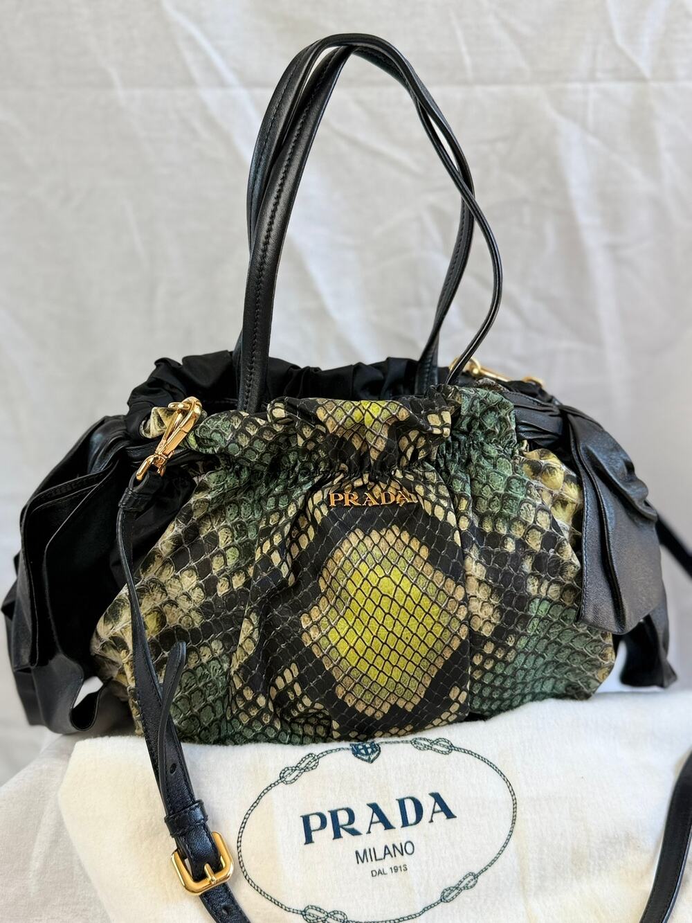 Prada Nappa Gaufre Python Print Drawstring Satchel Shoulder Cross body Bag Black